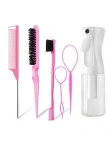 7pcs Comb Set - 1000 Hair Spray, 1pc Triple-Row Teasing Comb, Eyebrow Brush, Steel Needle Comb - Styling Tools For Girls - Pink - View 7