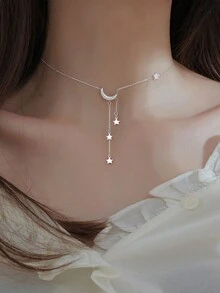 1 chiếc vòng cổ tua rua hình sao và mặt trăng bằng bạc Sterling 925, phong cách Mori thanh lịch và tươi mới, vòng cổ mặt trăng thiết kế độc đáo tối giản, món quà đáng yêu - ngôi sao và mặt trăng - Xem 8
