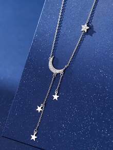 1 chiếc vòng cổ tua rua hình sao và mặt trăng bằng bạc Sterling 925, phong cách Mori thanh lịch và tươi mới, vòng cổ mặt trăng thiết kế độc đáo tối giản, món quà đáng yêu - ngôi sao và mặt trăng - Xem 5