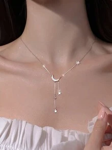1 chiếc vòng cổ tua rua hình sao và mặt trăng bằng bạc Sterling 925, phong cách Mori thanh lịch và tươi mới, vòng cổ mặt trăng thiết kế độc đáo tối giản, món quà đáng yêu - ngôi sao và mặt trăng - Xem 4