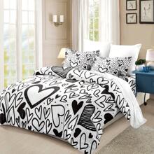 3 件套北欧风格黑色心形印花羽绒被套（1 * 羽绒被套 + 2 * 枕套，不含芯），浪漫太空主题，奢华柔软，透气舒适，非常适合卧室和客房，舒适、防过敏、易于护理，适合所有季节 - 黑與白 - 查看 8