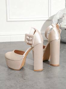 Giày cao gót đế xuồng cho nữ, giày lười gót dày chống thấm nước, mũi tròn gợi cảm, có khóa thắt lưng - Màu be - Xem 6