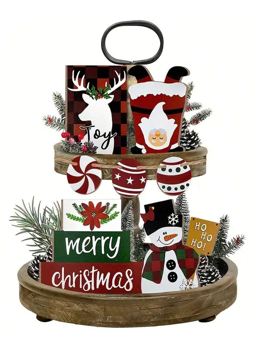 7PCS Merry Christmas Joy To The World Snowman Elk Snowflake Wooden Tiered Tray Decor - Hohoho Merry Christmas Wooden Signs, Christmas Table Centerpieces, Desktop Decor Autumn, And Winter Home Decor, Party Holiday Decor, Family Party Decor, Festive Gifts(Without Trays)