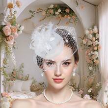 1 件复古蝴蝶结和羽毛头带，百搭迷人帽子，适合派对、圣诞节、新娘、婚礼 - 酒紅色 - 查看 1