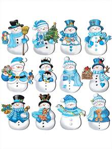 12pcs/24pcs/36pcs Christmas Snowman Wooden Hanging Decors, Winter Blue Snowman Decoration Set, Wooden Craft Ornaments For Holiday And Christmas Party Decorations Home Decor Christmas Decorations Room Decor - Multicolor - View 2