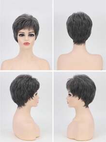 Tóc giả tổng hợp kiểu ngắn cho nữ có mái, thời trang thanh lịch, màu xám đậm, mũ trùm đầu tổng hợp bằng lụa chịu nhiệt độ cao - Màu xám đen - Xem 2