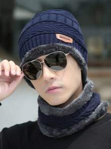 Cachecol e Gorro de Inverno com Gorro Quente Acolchoado Tricotado para Ciclismo ao Ar Livre, Gorro de Lã de Inverno para Homens, Gorro Puxado para Baixo, Gorro de Inverno