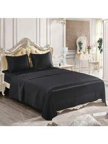 4 Pcs Smooth Satin Silk Sheet Set Deep Pocket Bed Sheet Wrinkle Fade Resistant - 黑色 - 查看 1