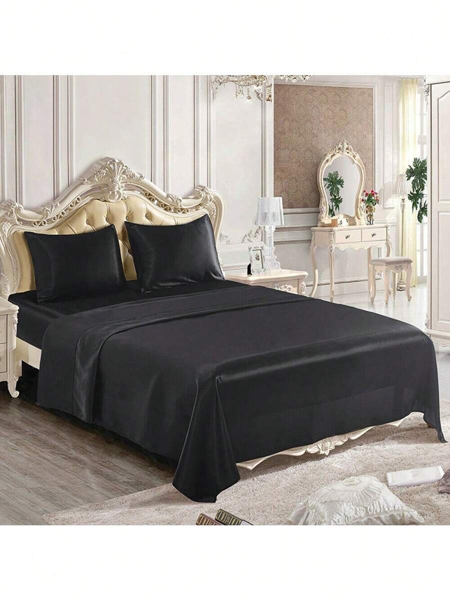 4 Pcs Smooth Satin Silk Sheet Set Deep Pocket Bed Sheet Wrinkle Fade Resistant - 黑色 - 查看 1