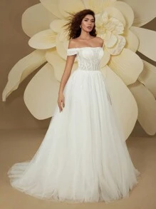 Gorgeous Off-The-Shoulder Sequin Mesh Train Wedding Dress For Bride - White - View 2