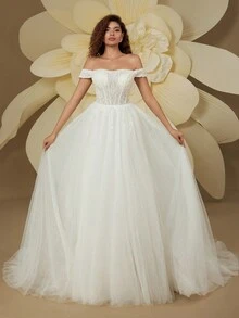 Gorgeous Off-The-Shoulder Sequin Mesh Train Wedding Dress For Bride - White - View 8