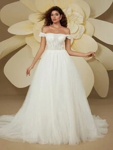 Gorgeous Off-The-Shoulder Sequin Mesh Train Wedding Dress For Bride - White - View 7