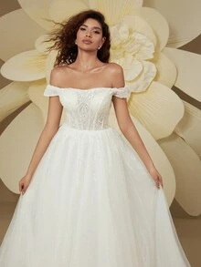 Gorgeous Off-The-Shoulder Sequin Mesh Train Wedding Dress For Bride - White - View 6