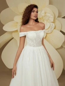 Gorgeous Off-The-Shoulder Sequin Mesh Train Wedding Dress For Bride - White - View 3