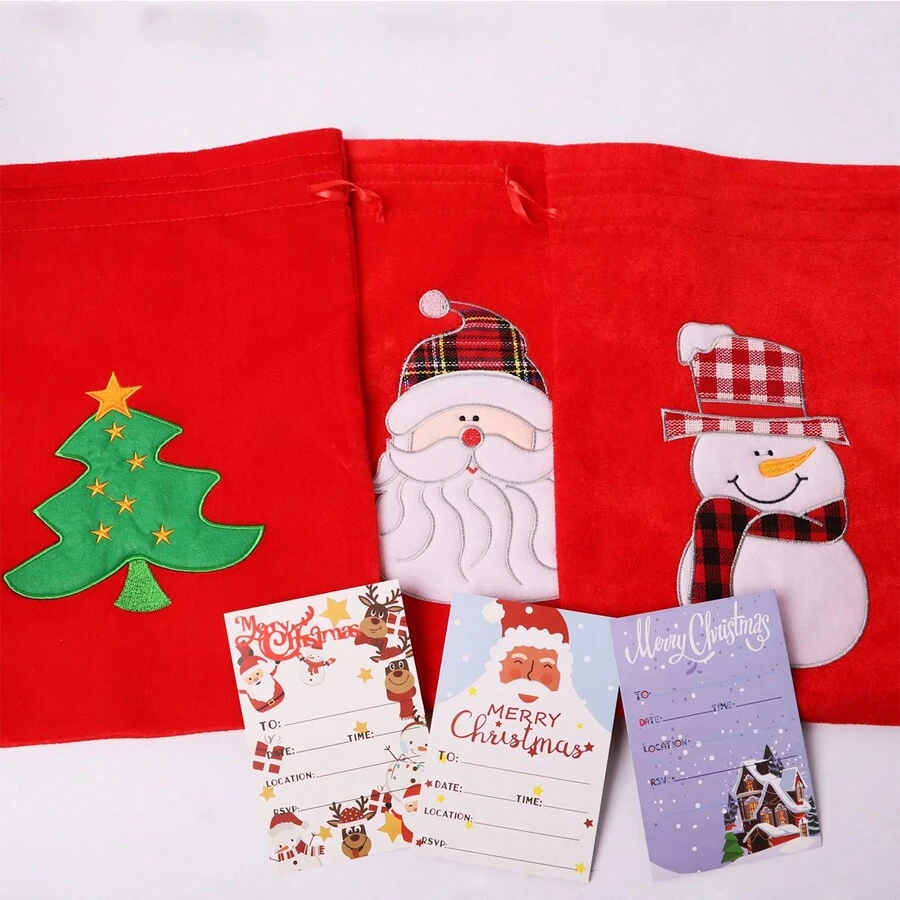 1 套华丽天鹅绒礼品袋，装饰有圣诞老人、雪人和圣诞树，外加 3 张圣诞贺卡，用于邀请和祝福 - 多色 - 查看 1