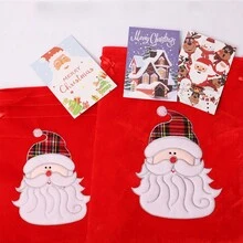 1 套华丽天鹅绒礼品袋，装饰有圣诞老人、雪人和圣诞树，外加 3 张圣诞贺卡，用于邀请和祝福 - 多色 - 查看 3