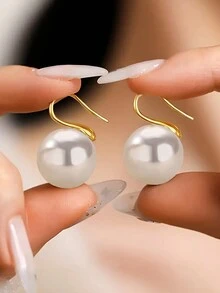 1 对经典白色圆形仿珍珠钩形耳环女士 6/8/10/12 毫米珍珠吊坠钩形耳环婚礼派对珠宝配饰 - 仿珍珠 - 查看 2