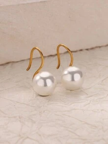1 对经典白色圆形仿珍珠钩形耳环女士 6/8/10/12 毫米珍珠吊坠钩形耳环婚礼派对珠宝配饰 - 仿珍珠 - 查看 4