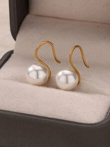 1 对经典白色圆形仿珍珠钩形耳环女士 6/8/10/12 毫米珍珠吊坠钩形耳环婚礼派对珠宝配饰 - 仿珍珠 - 查看 1