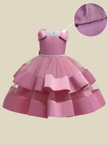 Young Girls' Sleeveless Mesh & Satin Bow Back Elegant Fancy Party Dress, Suitable For Flower Girl, Wedding, Banquet, Does Not Include Headband - 藕粉色 - 查看 5