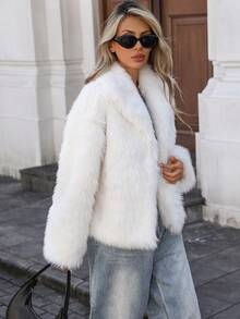 Casual Furry Front Open Warm Jacket, Autumn/Winter - White - View 5