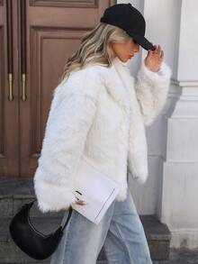 Casual Furry Front Open Warm Jacket, Autumn/Winter - White - View 3