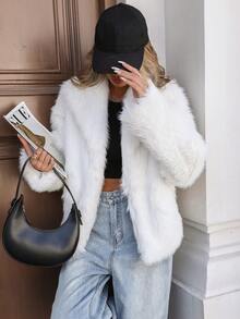 Casual Furry Front Open Warm Jacket, Autumn/Winter - White - View 4