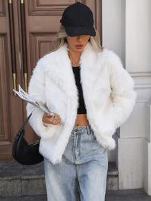 Casual Furry Front Open Warm Jacket, Autumn/Winter - White - View 6