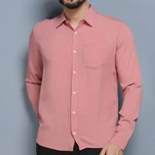 Long Sleeve Dress Shirt In Viscose Fabric Shrinks A Little With Pocket Slim Fit Not Bulky, Easy To Iron - Bụi hồng - Xem 2