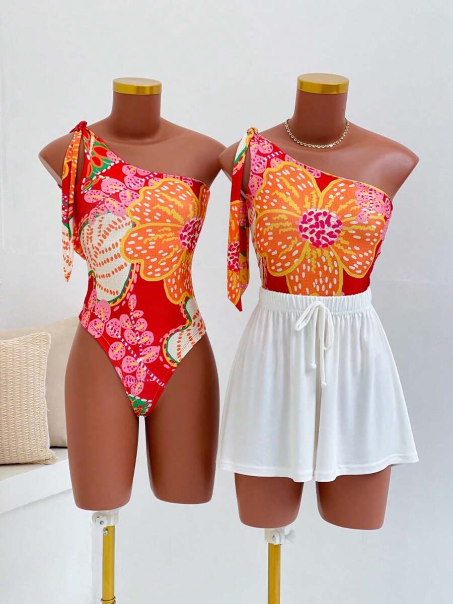 Women's Printed Macaw Bodysuit Summer One-Shoulder Top With Single Strap - 紅色和橙色的花朵 - 查看 1