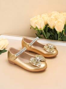 1 双可爱皇冠和蝴蝶装饰防滑平底儿童鞋，适合所有季节 - 金色 - 查看 4