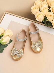 1 双可爱皇冠和蝴蝶装饰防滑平底儿童鞋，适合所有季节 - 金色 - 查看 3