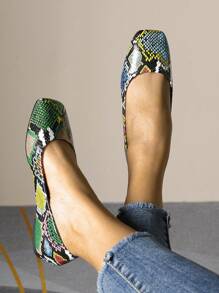 Gemischte Drucke Quadratische Zehenform Flache Slippers für Frauen, Vielseitige Loafers mit niedrigem Absatz und Schlangenmuster, Europäisch-Amerikanischer Stil