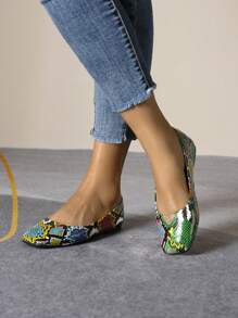 Gemischte Drucke Quadratische Zehenform Flache Slippers für Frauen, Vielseitige Loafers mit niedrigem Absatz und Schlangenmuster, Europäisch-Amerikanischer Stil