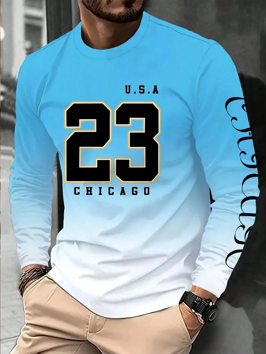 Maglietta casual a maniche lunghe con girocollo e stampa "alla modaago 23", in tessuto maglia 100% poliestere, leggermente elasticizzato, vestibilità regular, ideale per primavera/autunno - Maglietta ispirata allo stile sportivo alla moda