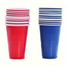 Juego de 50 unidades, Vasos de plástico desechables de 16 onzas de color rojo o azul - Suministros para fiestas y festividades para cumpleaños, bodas, Halloween, Acción de Gracias, Navidad - Vino y café - Azul y blanco - Ver 2