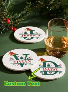 1个定制个性化圣诞字母造型陶瓷杯垫，吸水杯垫，可定制姓名和圣诞字母图案，适用于饮料、茶杯和咖啡杯，家居和餐厅装饰，节日礼物必备，圣诞装饰，时尚设计