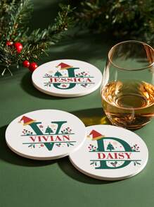1个定制个性化圣诞字母造型陶瓷杯垫，吸水杯垫，可定制姓名和圣诞字母图案，适用于饮料、茶杯和咖啡杯，家居和餐厅装饰，节日礼物必备，圣诞装饰，时尚设计
