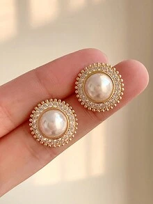 1 Cặp Hoa tai ngọc trai thanh lịch cổ điển dành cho nữ, Hoa tai đinh tròn nhỏ đính đá lấp lánh, Quà tặng hoàn hảo cho Giáng sinh/Ngày lễ tình nhân/Tình bạn - ngọc trai kim cương giả - Xem 3