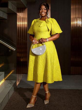 Women Plus Size Rose Jacquard Flared Puff Sleeve A-Line Dress, Suitable For Commuting, Elegant Cocktail Semi Formal Prom Dress, For Birthday, Wedding Guest, Graduation, Dinner, Homecoming, Party Dress