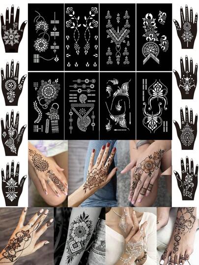 16PCS Mixed Hand Henna Tattoo Templates Body Art Lace Edge Patterns For Men And Women, Back Of Hand, Foot, Semi-Permanent Body Skin Waterproof Simulation Tattoo Template Set