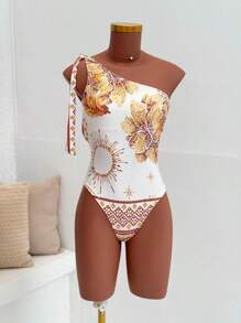 Women's Printed Macaw Bodysuit Summer One-Shoulder Top With Single Strap - 紅寶石花 - 查看 1