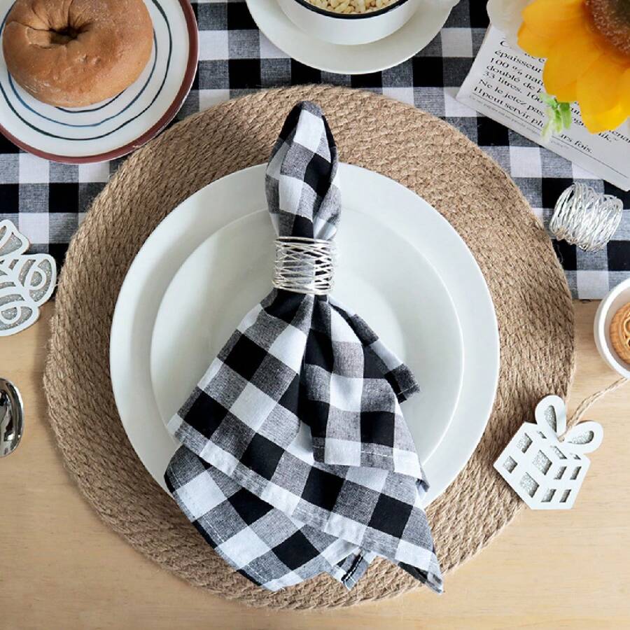 1pc/2pcs/6pcs/10pcs Plaid Pattern Napkins, Suitable For Wedding And Daily Use - Black and White - View 1