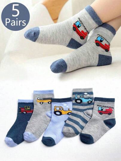 五双装春秋新款男童卡通中筒袜开学季学生运动袜适合学校居家玩耍各种场合