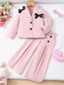 2 件套年轻女孩休闲可爱优雅蝴蝶结装饰粉色衬衫和裤子套装，秋冬 - 粉色 - 查看 1