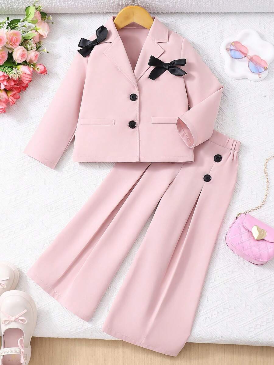 2 件套年轻女孩休闲可爱优雅蝴蝶结装饰粉色衬衫和裤子套装，秋冬 - 粉色 - 查看 1