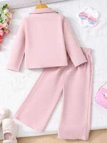 2 件套年轻女孩休闲可爱优雅蝴蝶结装饰粉色衬衫和裤子套装，秋冬 - 粉色 - 查看 2