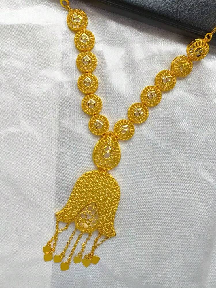 4 件女士时尚镀金流苏长项链、耳环、手链和戒指首饰套装，适合欧洲、迪拜、非洲新娘、婚礼、派对、万圣节、感恩节、圣诞节 - 金黃色 - 查看 3