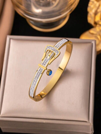 1pc Gold Color Blue Eye Rhinestone Decorated Belt Buckle Bracelet, Fashionable And Elegant
