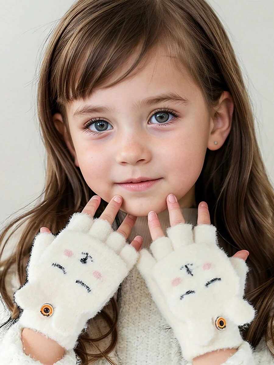 1 Pair Kids Girls Rabbit Flap Gloves, Warm Protective Cute Design, Suitable For Outdoor & Daily Use - White - View 1